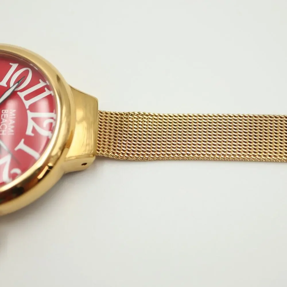 Miami Beach Glam Rock Gold Tone 36mm Red Womens Watch Mesh Band w New Battery